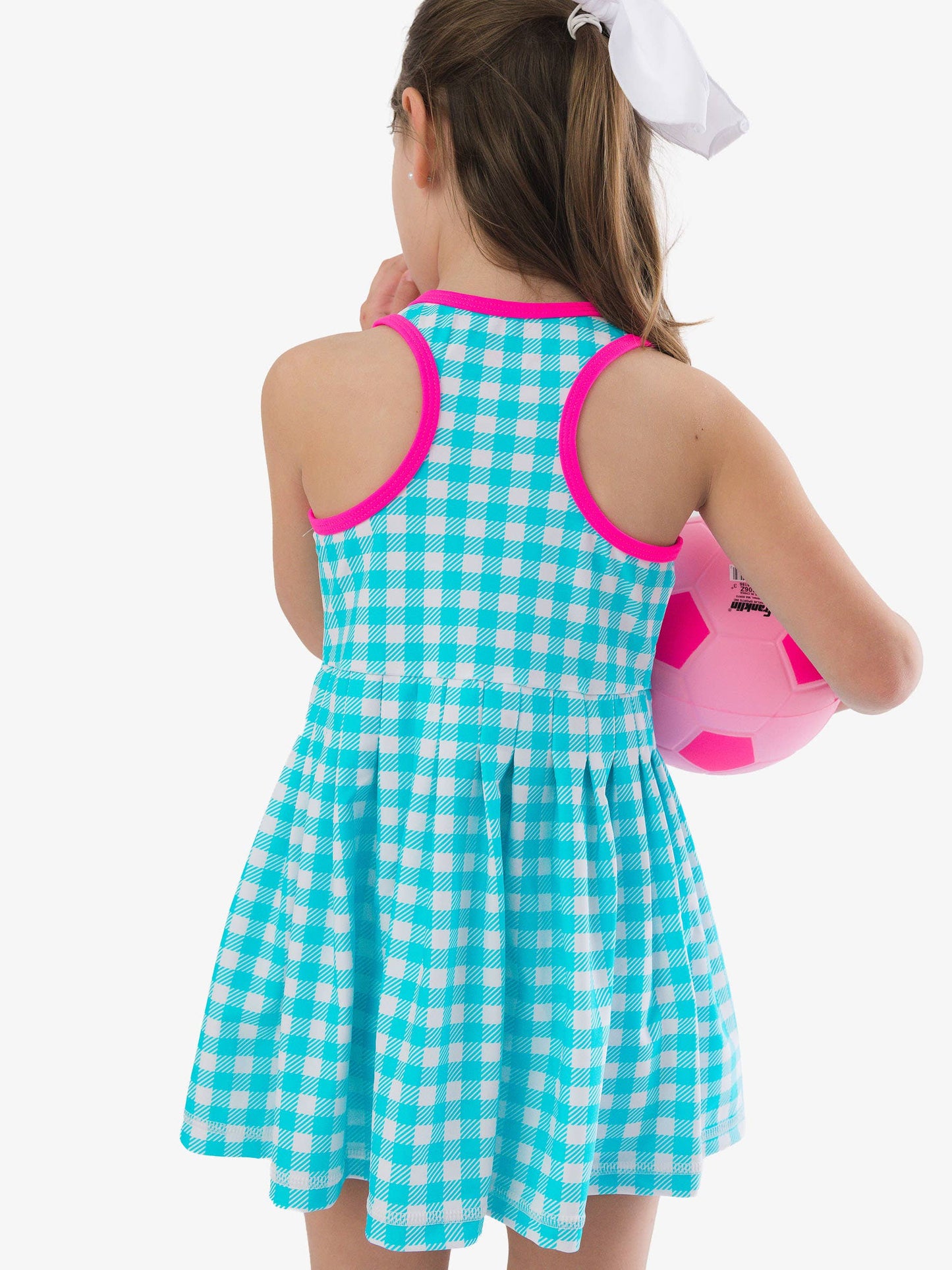 Girls Bright Aqua Gingham Pleated Skirt Active Dress & Bike Short Set