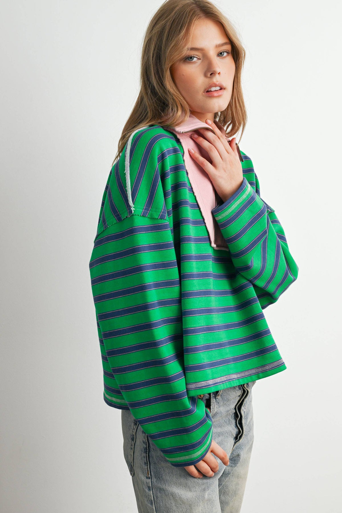 Striped Half Zip Contrast Collar Sweatshirt