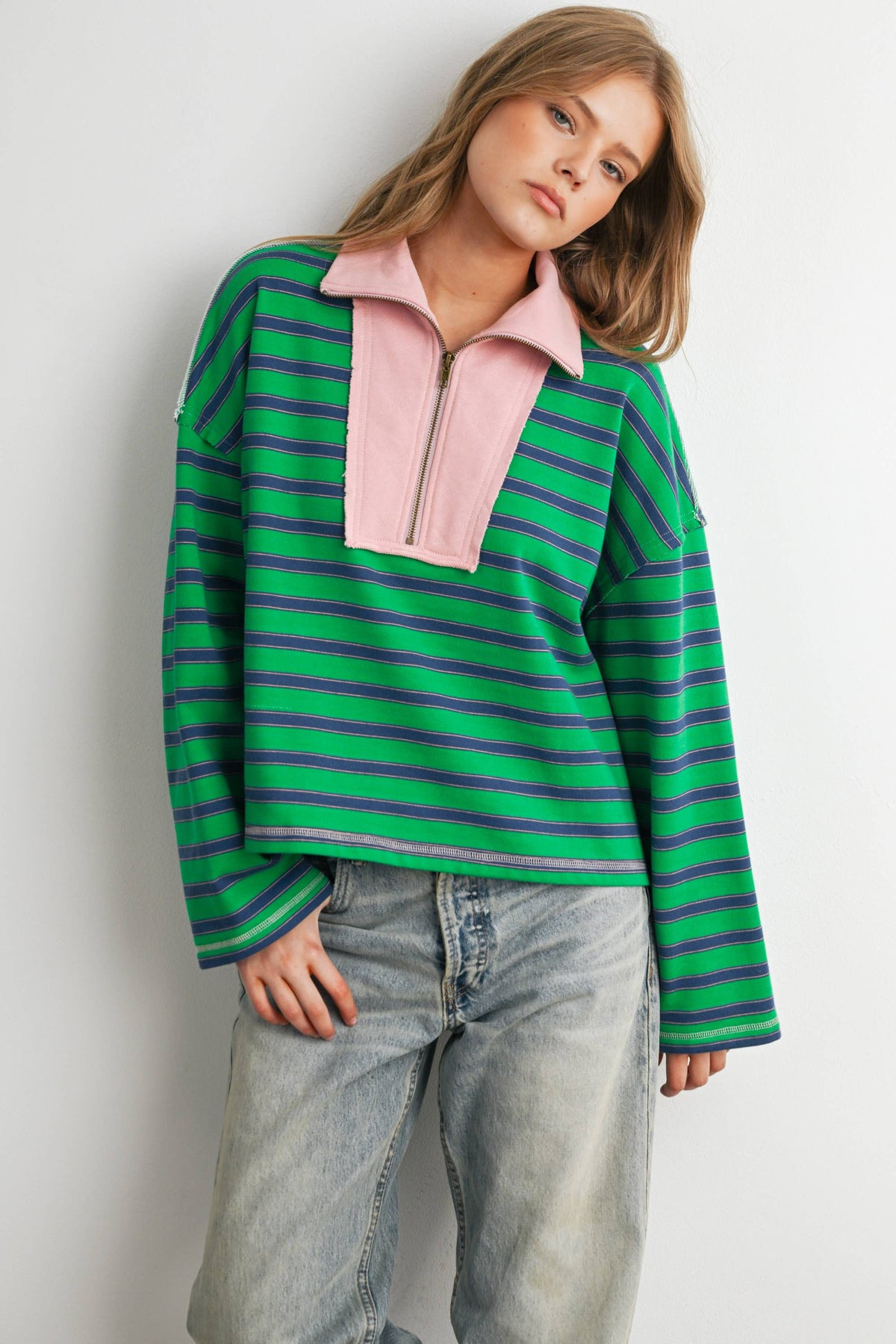 Striped Half Zip Contrast Collar Sweatshirt