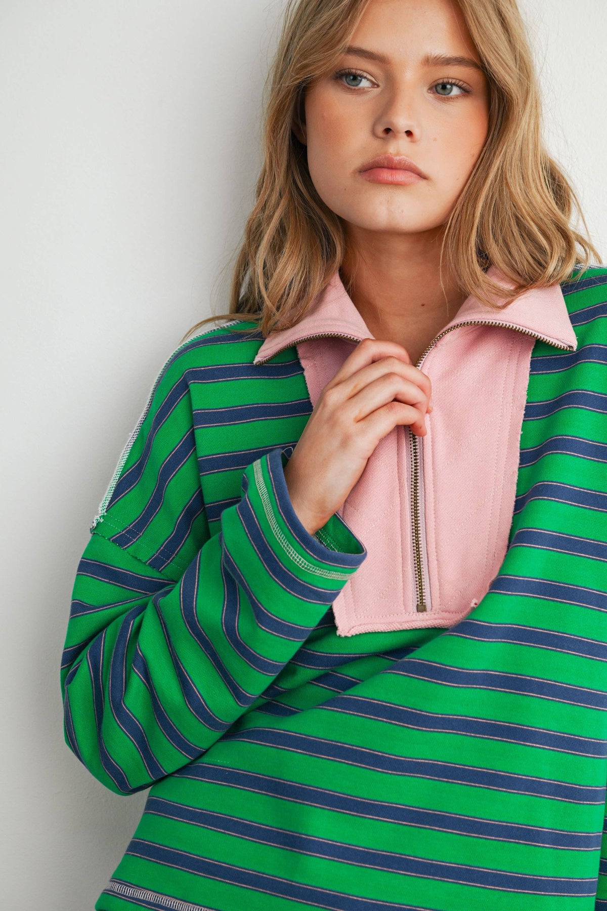 Striped Half Zip Contrast Collar Sweatshirt