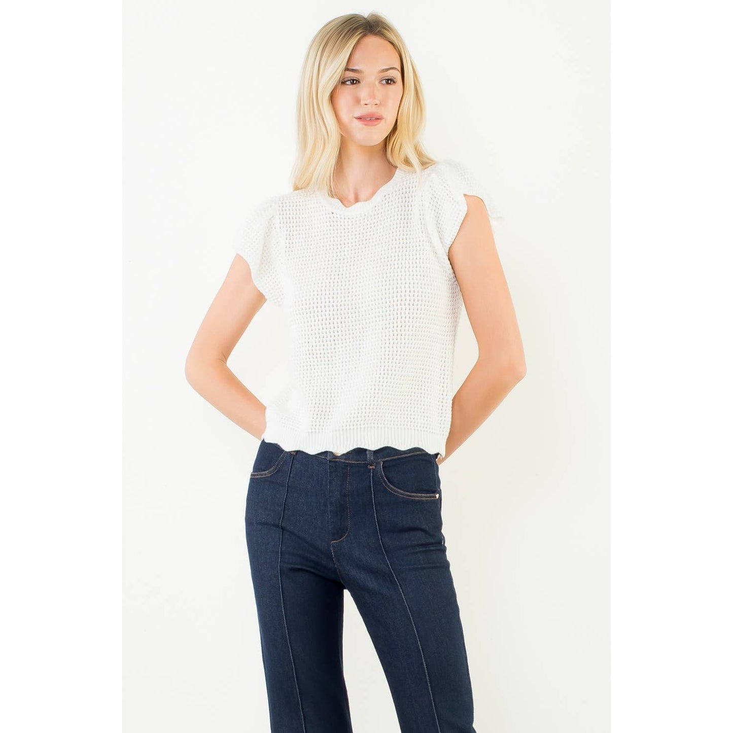 Scallop Hem Crochet Knit Cap Sleeve Top