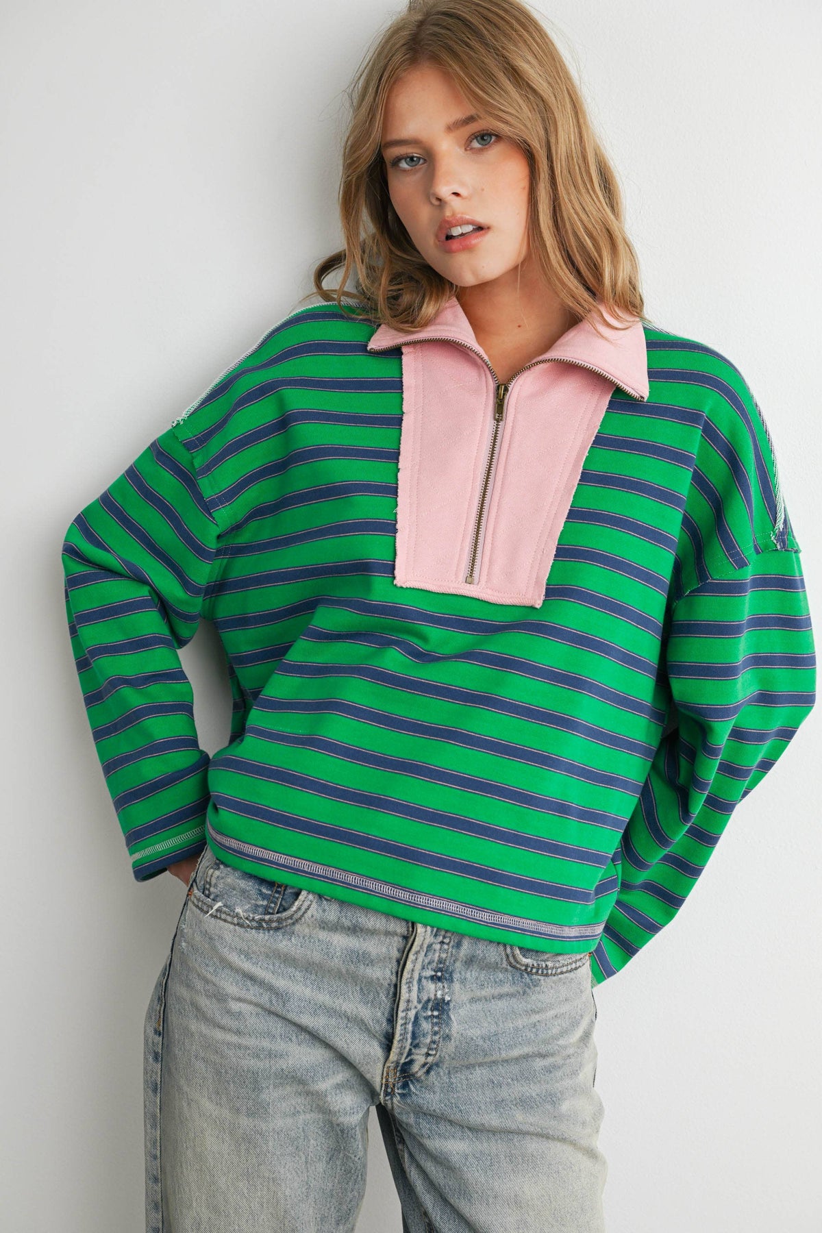 Striped Half Zip Contrast Collar Sweatshirt