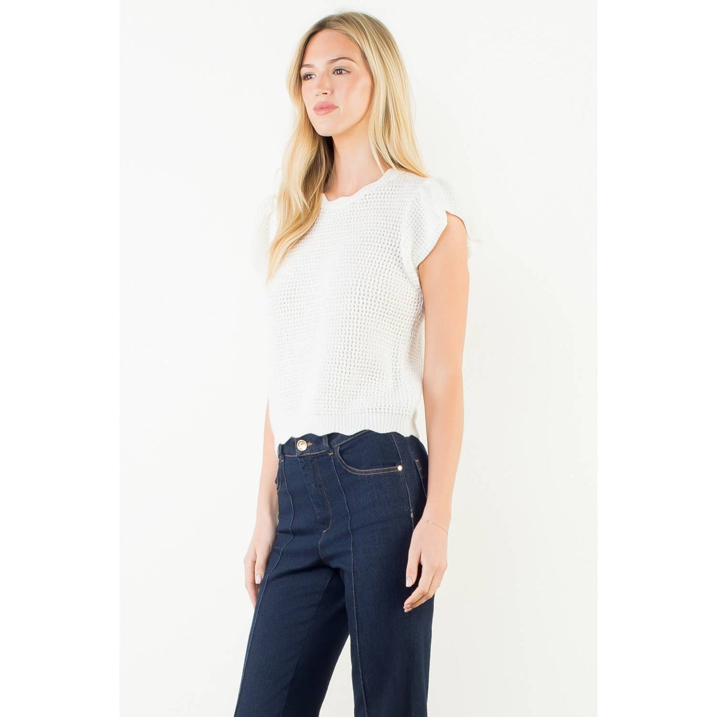 Scallop Hem Crochet Knit Cap Sleeve Top