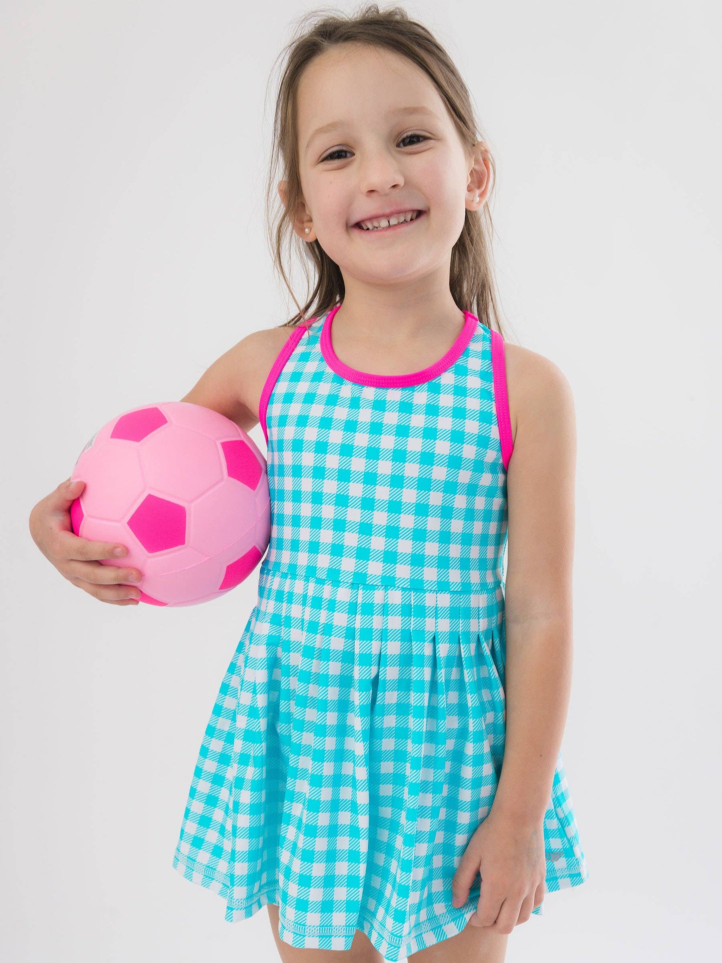Girls Bright Aqua Gingham Pleated Skirt Active Dress & Bike Short Set