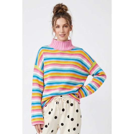 Mock neck color stripe sweater