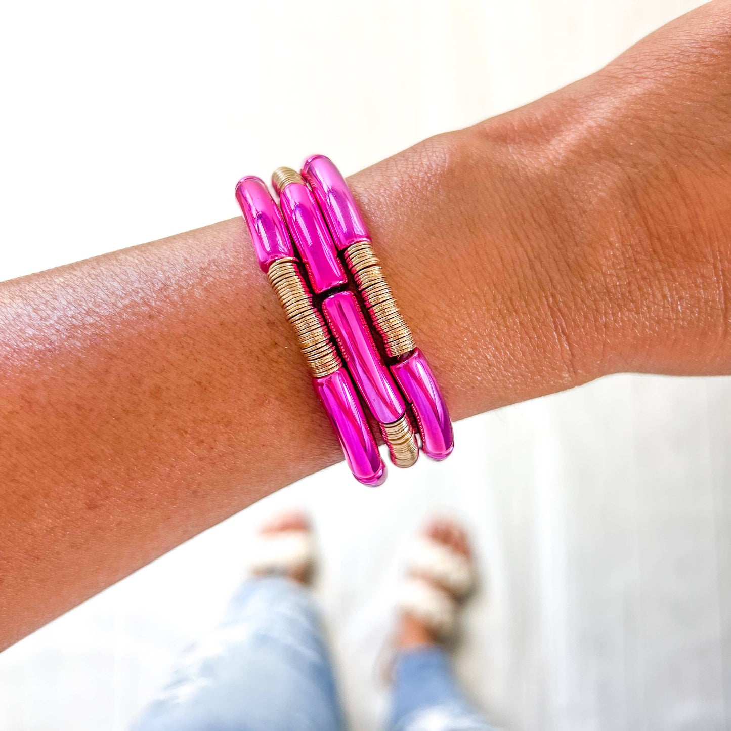 Acrylic Metallic Solid Hot Pink Tube Bamboo Bracelet