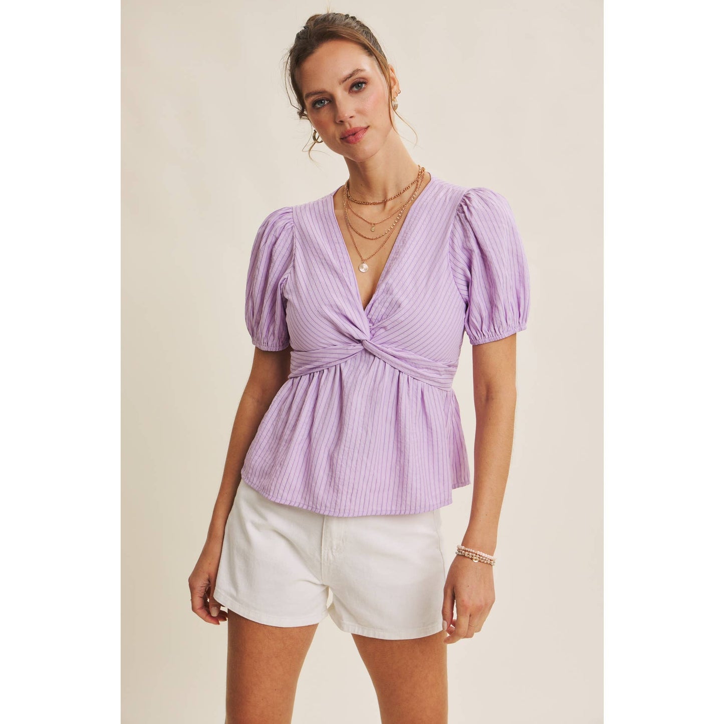 SUNNY FRONT KNOTTED STRIPE BABYDOLL BLOUSE W/ PUFF SLVS