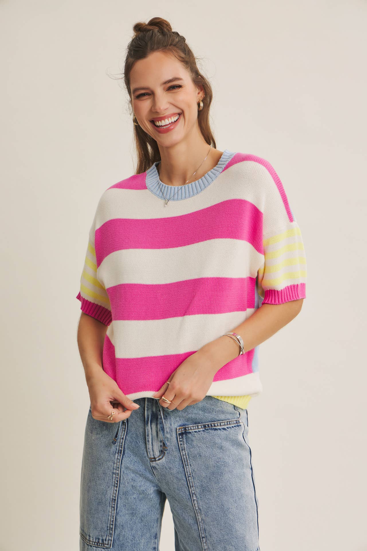 FEEL-GOOD PLAYFUL SUMMER MULTI STRIPE COTTON SWEATER TOP