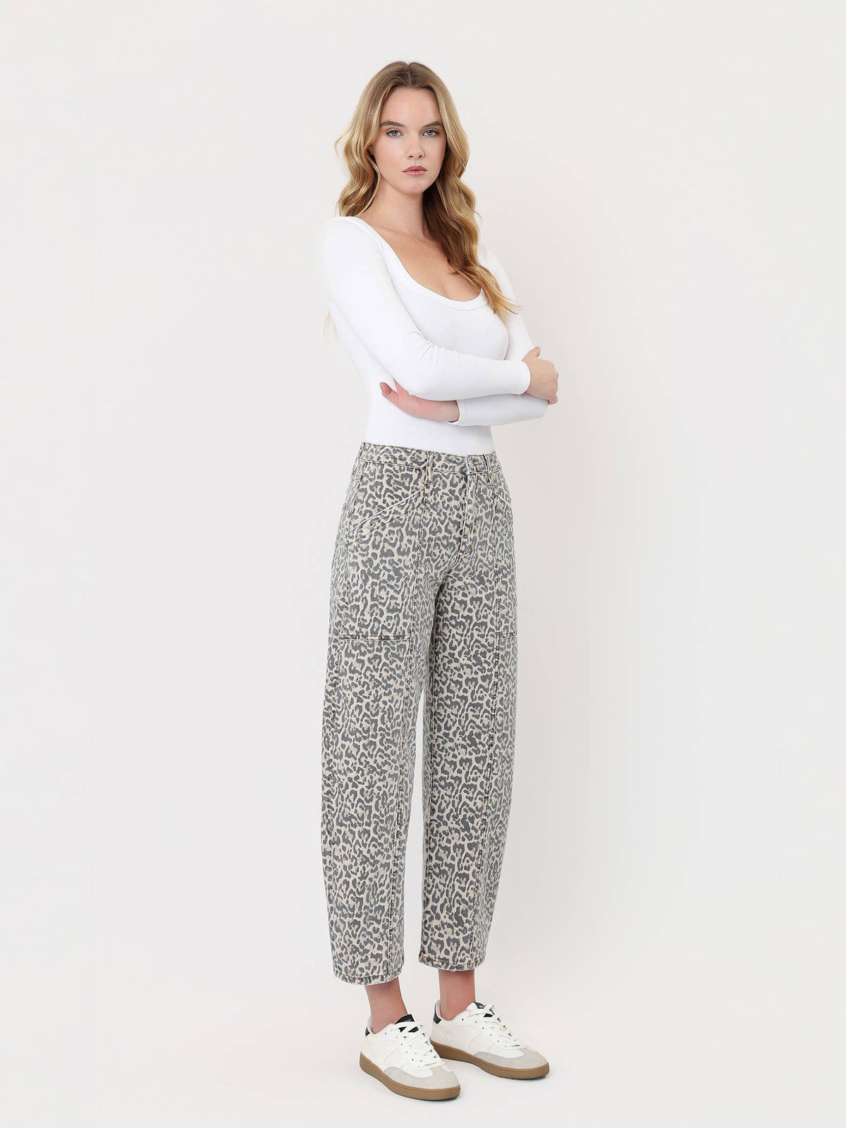 High Rise Leopard Utility Barrel Jeans