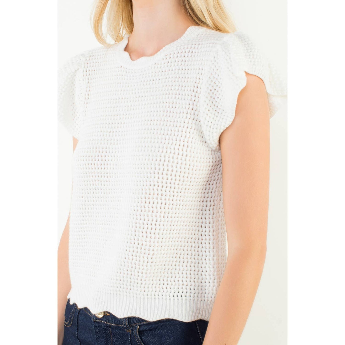 Scallop Hem Crochet Knit Cap Sleeve Top