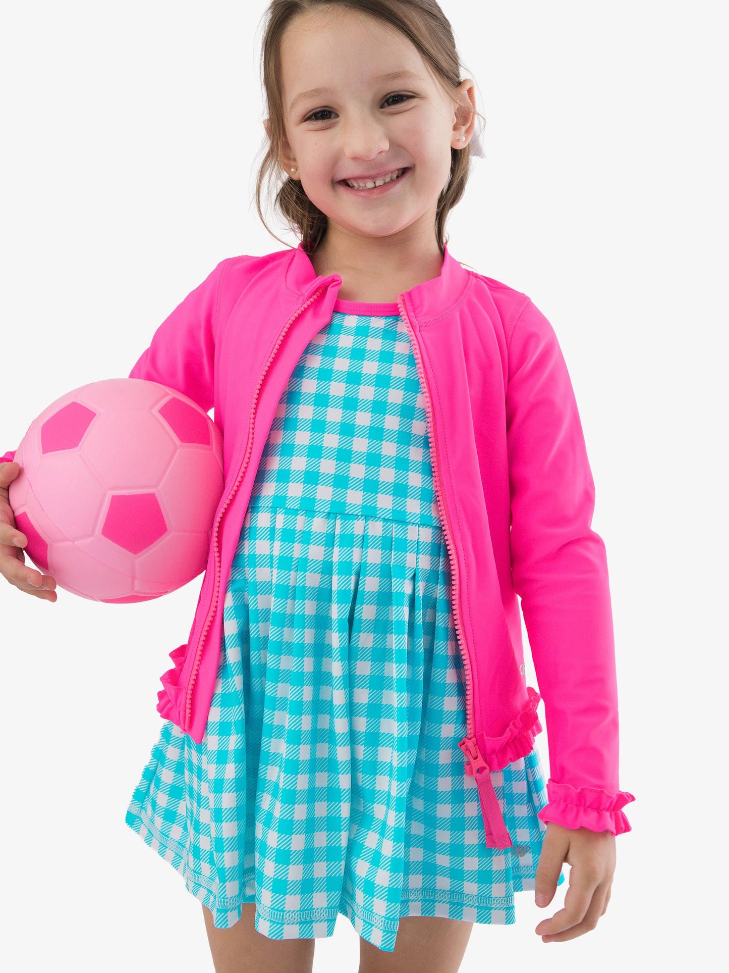Girls Bright Aqua Gingham Pleated Skirt Active Dress & Bike Short Set