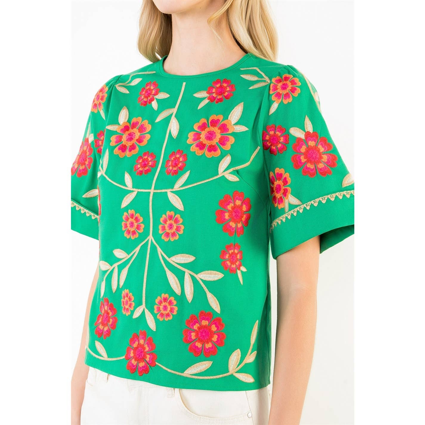Short Sleeve Floral Embroidery Detail Top