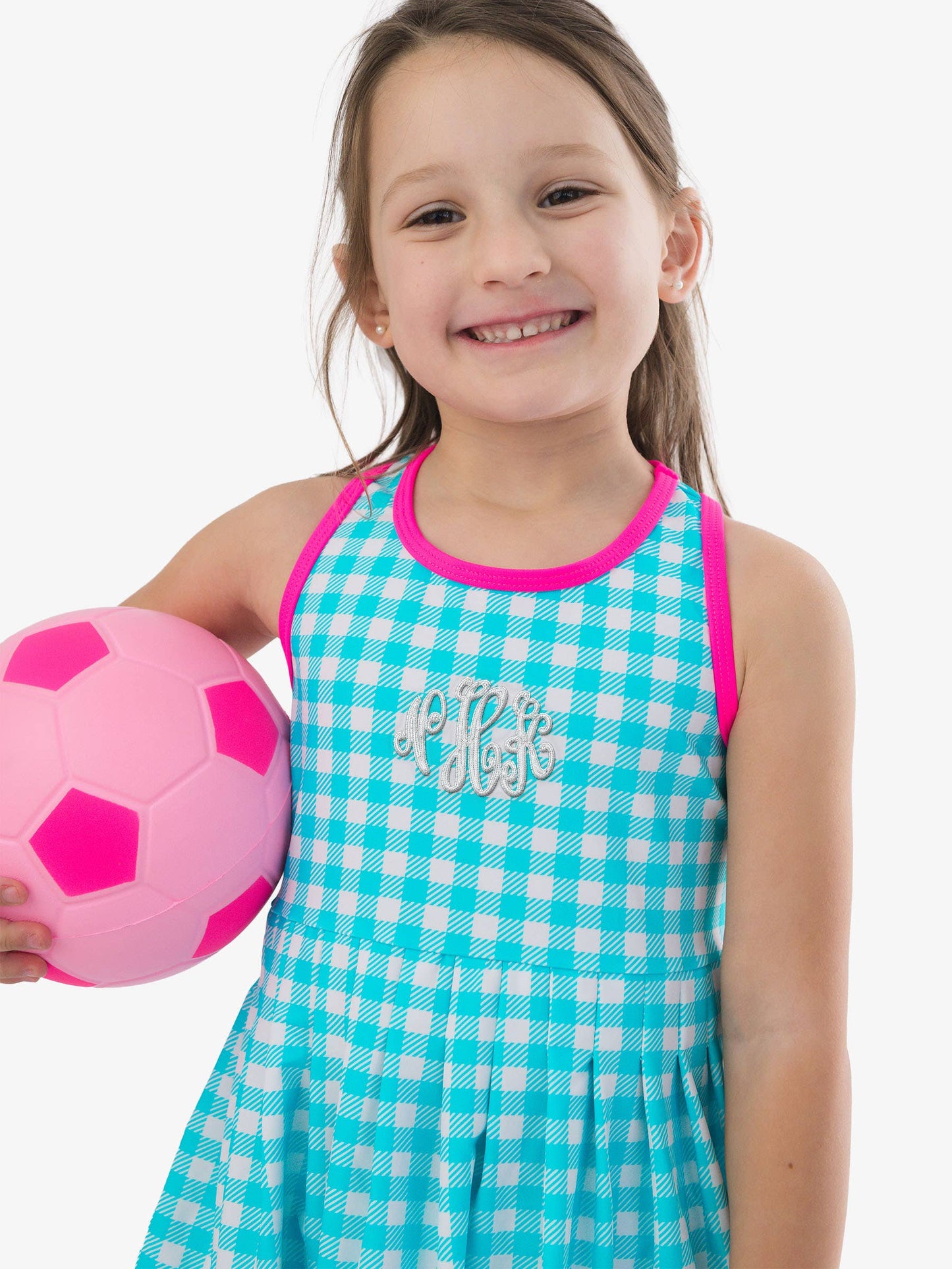 Girls Bright Aqua Gingham Pleated Skirt Active Dress & Bike Short Set
