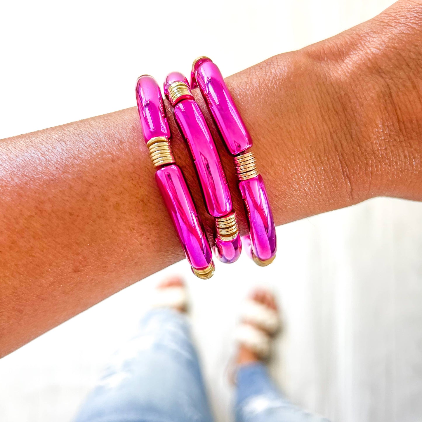 Acrylic Metallic Solid Hot Pink Tube Bamboo Bracelet