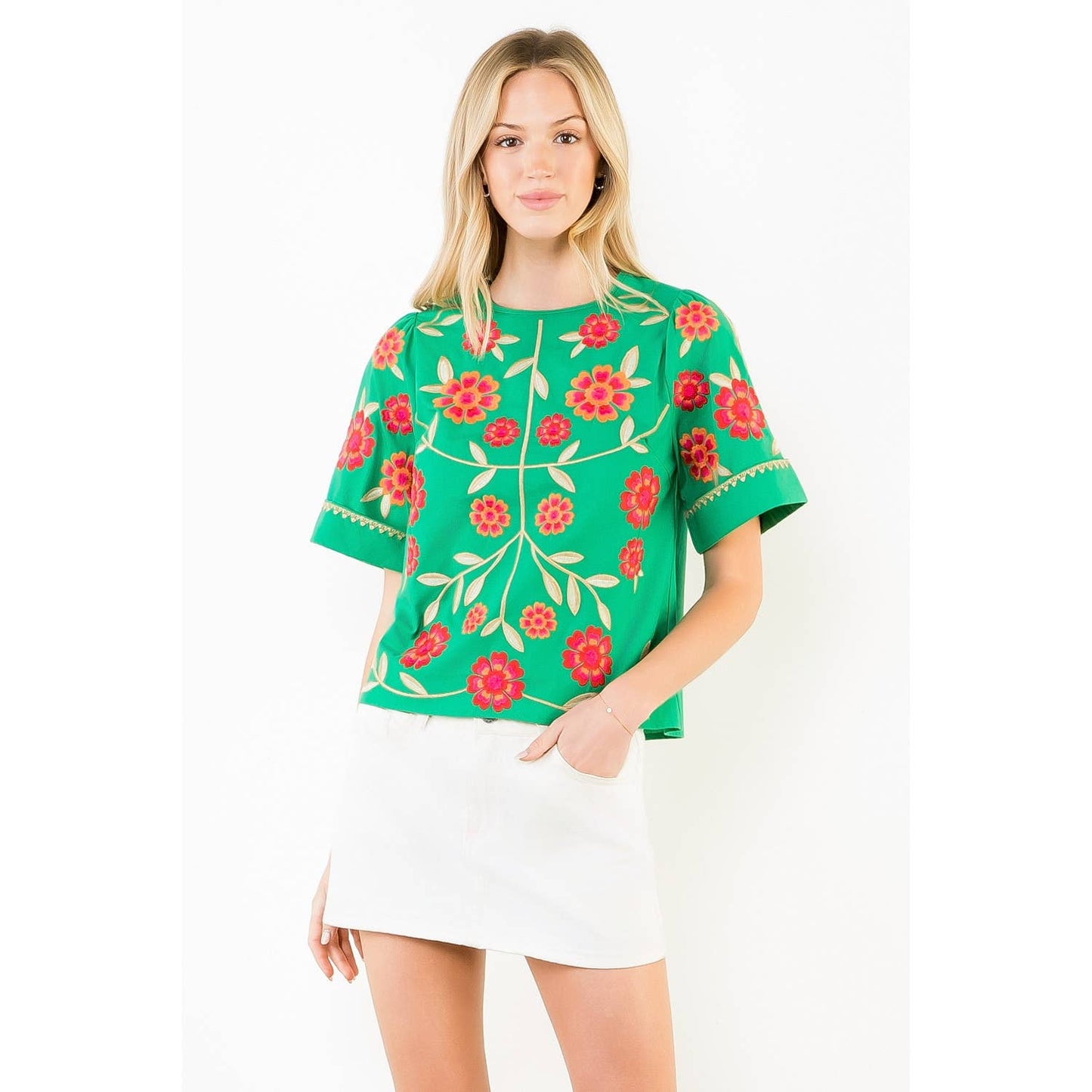 Short Sleeve Floral Embroidery Detail Top