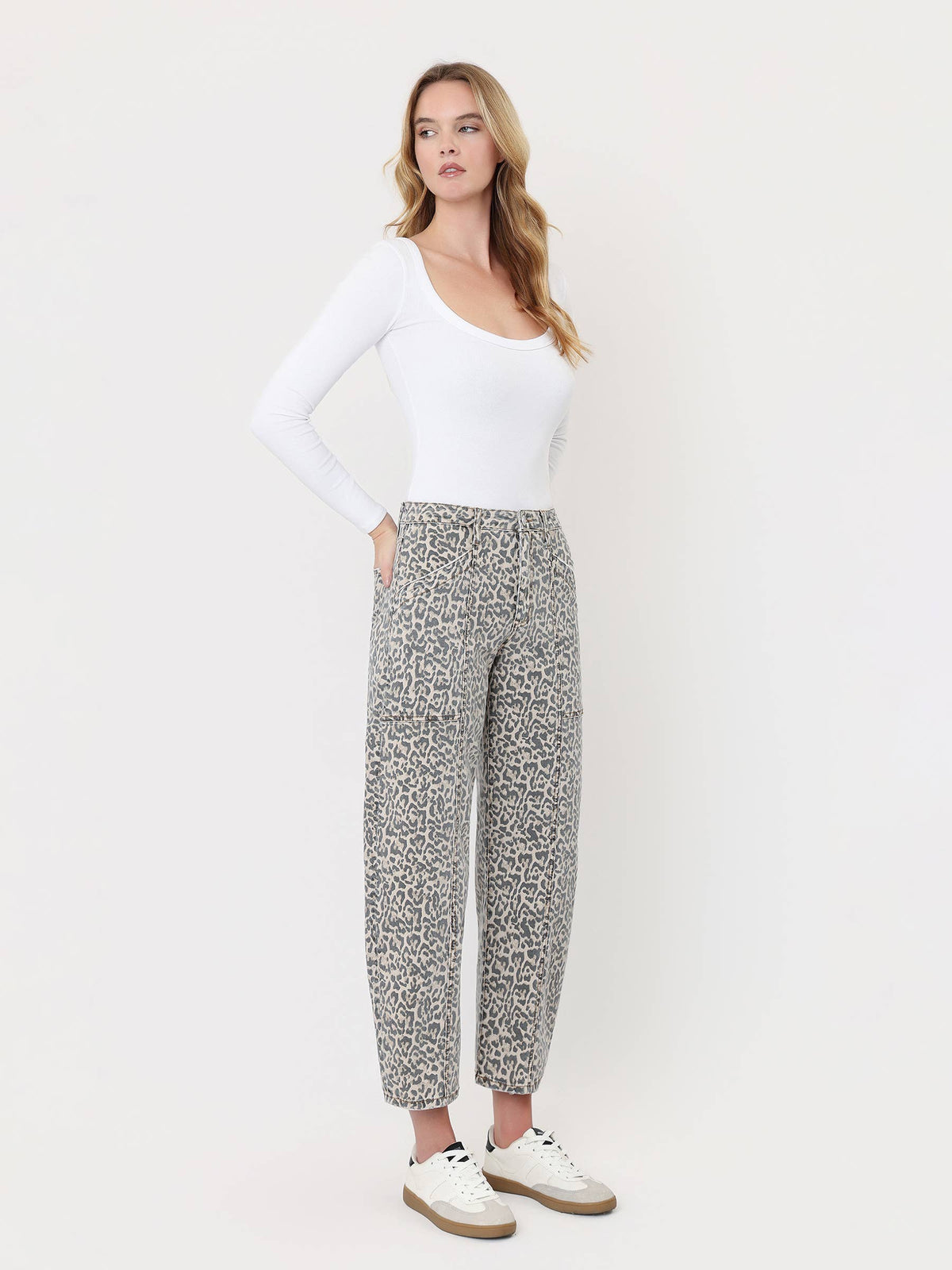 High Rise Leopard Utility Barrel Jeans
