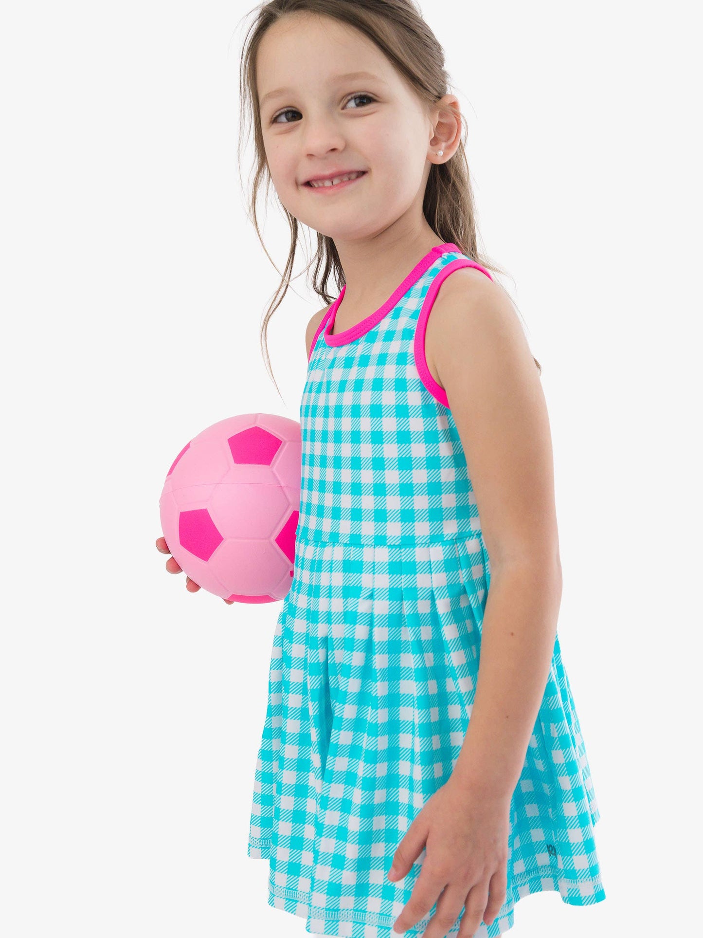 Girls Bright Aqua Gingham Pleated Skirt Active Dress & Bike Short Set