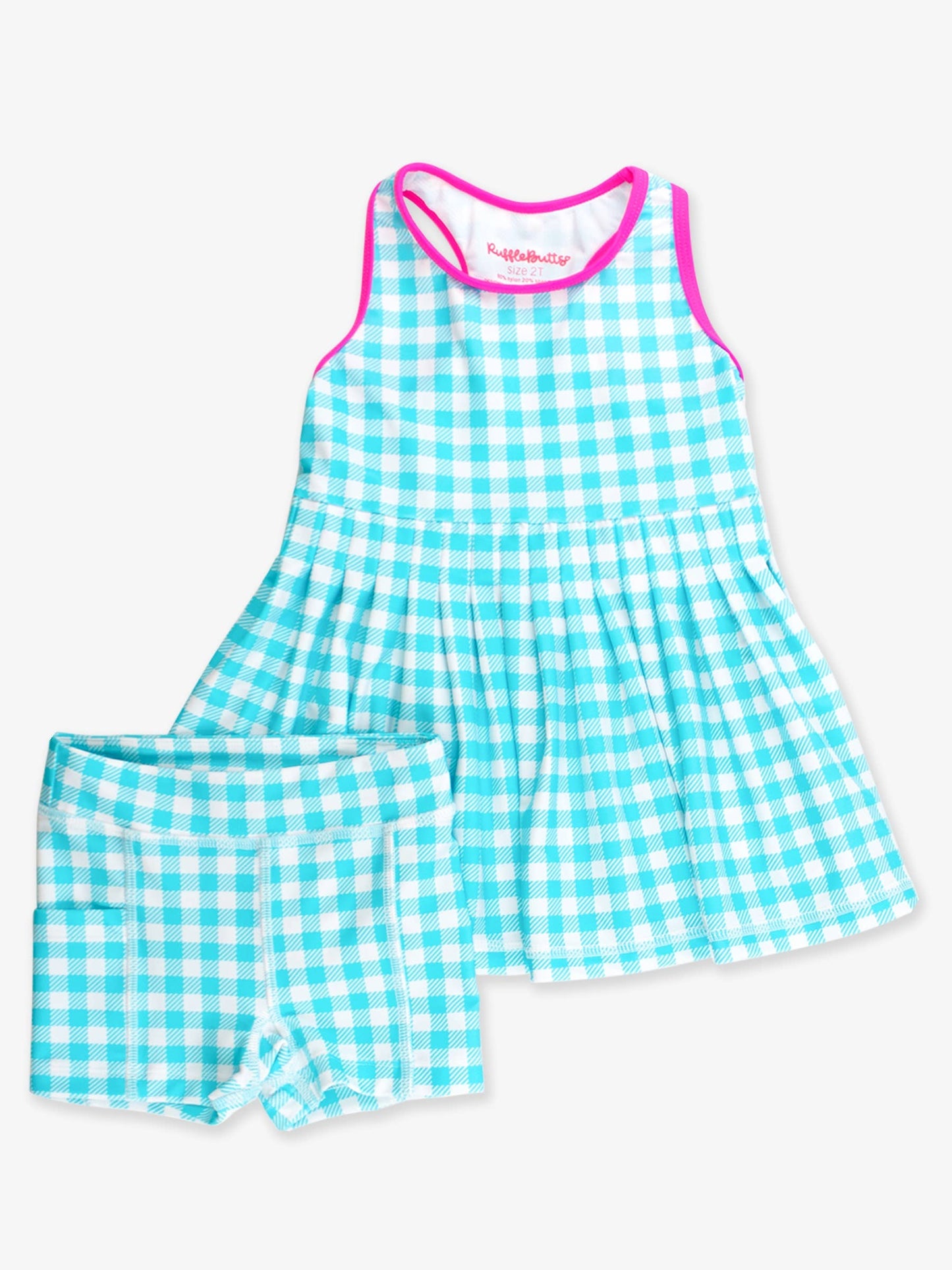 Girls Bright Aqua Gingham Pleated Skirt Active Dress & Bike Short Set