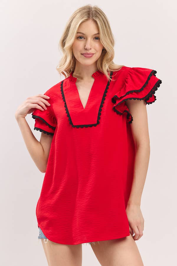 Ruffle Sleeve Scallop Trim Top