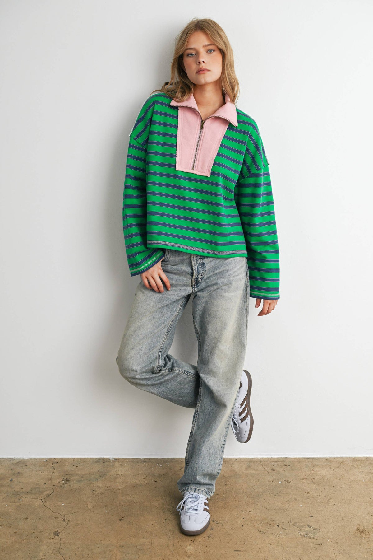 Striped Half Zip Contrast Collar Sweatshirt
