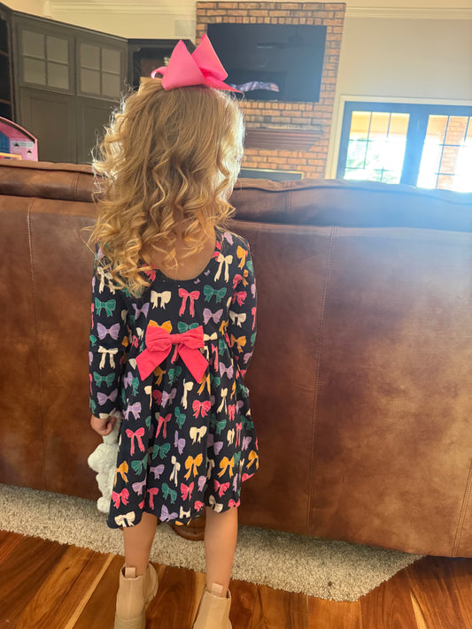 Girls Cozy Bows Knit Long Sleeve Twirl Dress