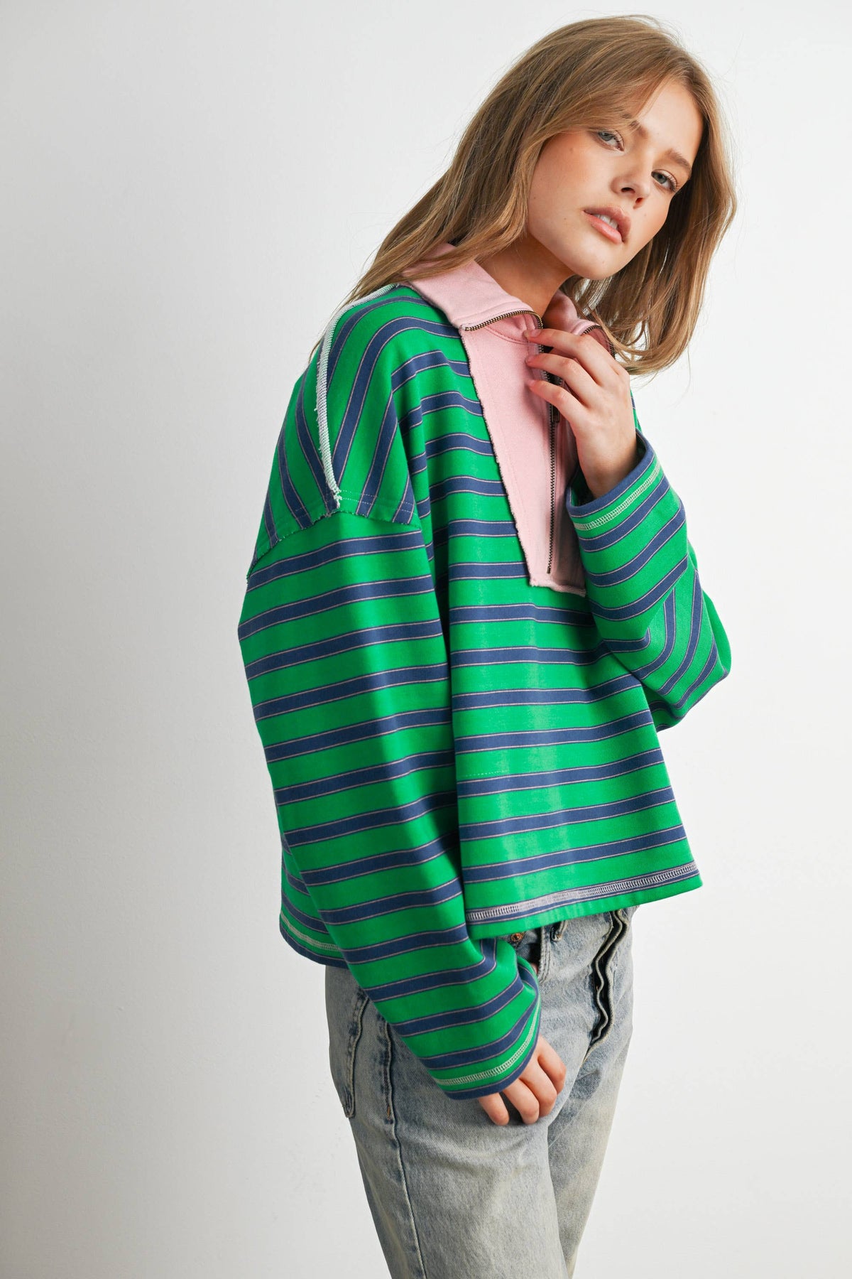 Striped Half Zip Contrast Collar Sweatshirt
