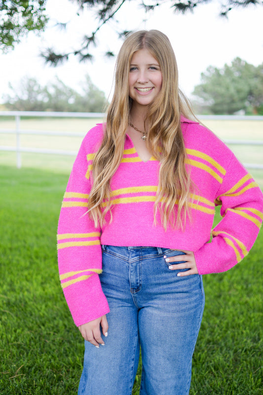 Cropped Pink and Green Sweater