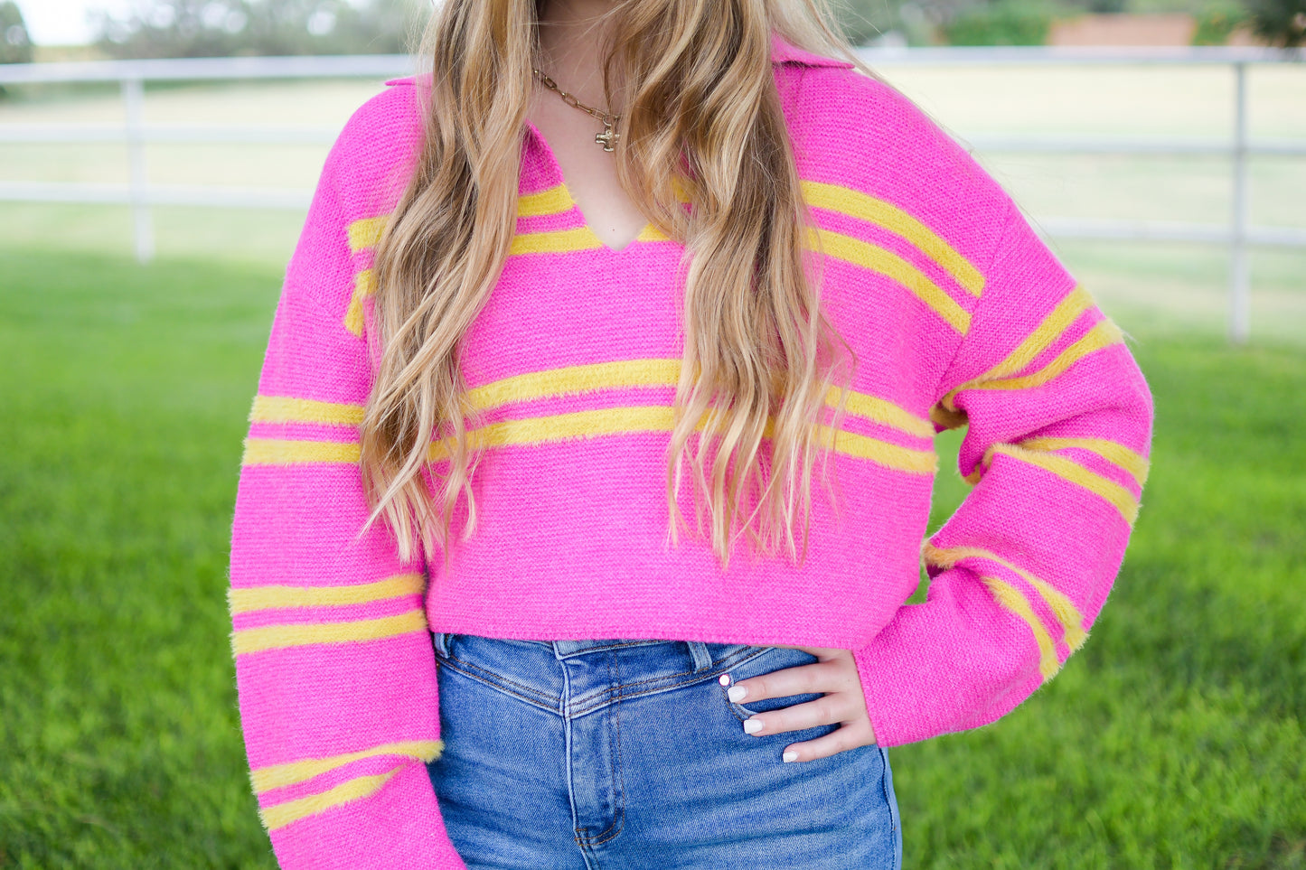 Cropped Pink and Green Sweater