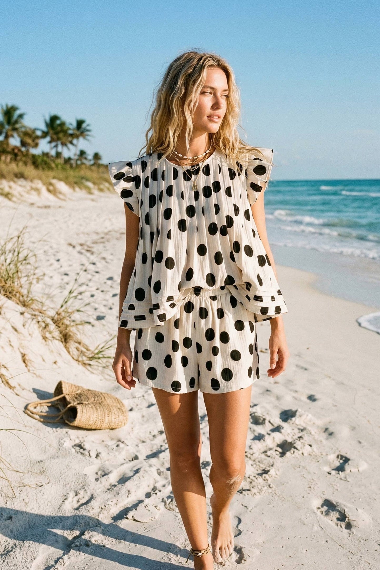 Polka Dot Ruffle Trim Top and  Shorts Set