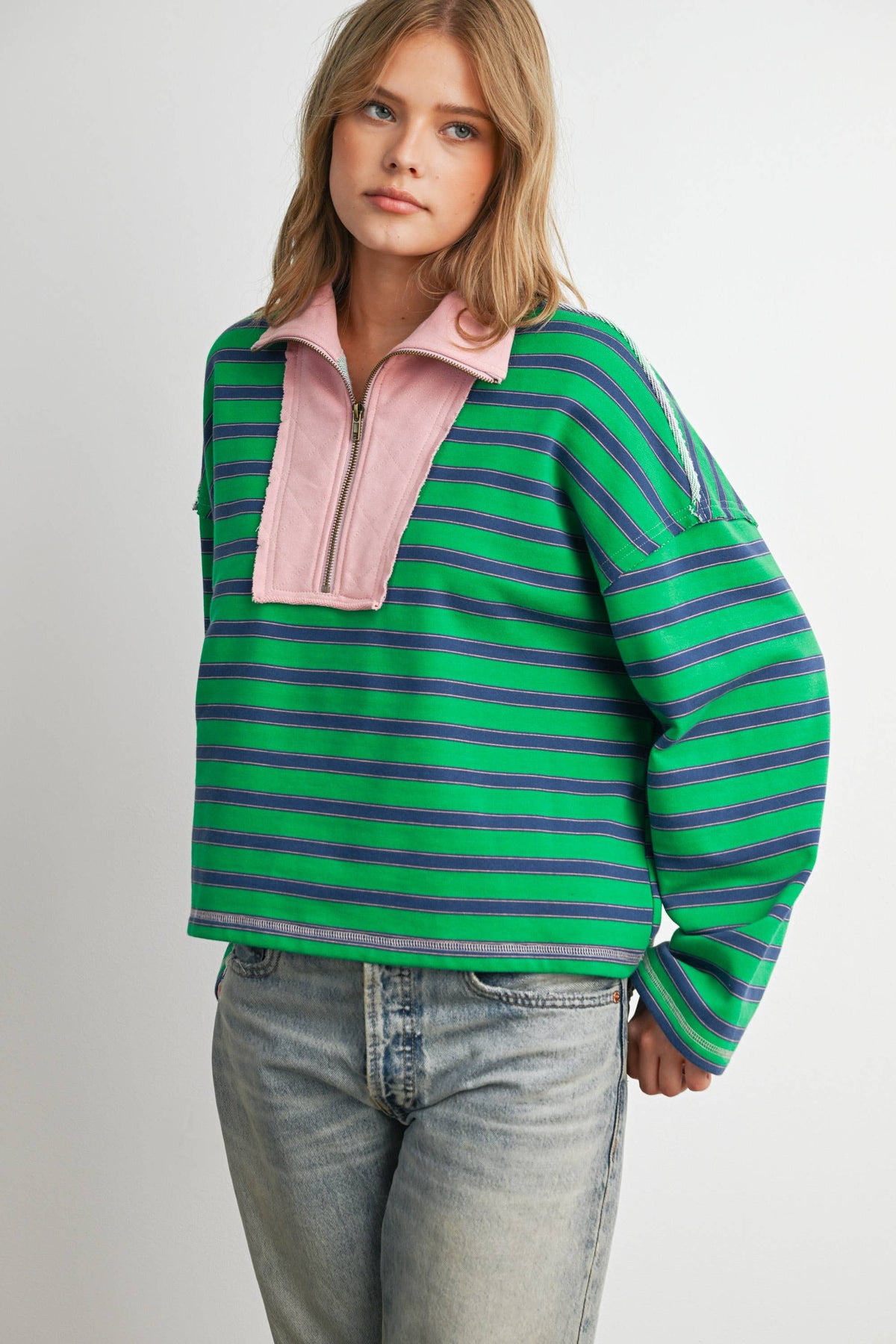 Striped Half Zip Contrast Collar Sweatshirt