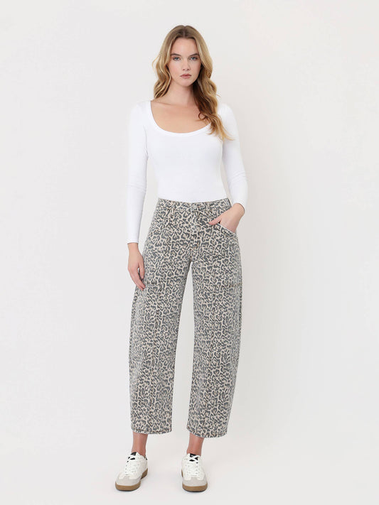 High Rise Leopard Utility Barrel Jeans