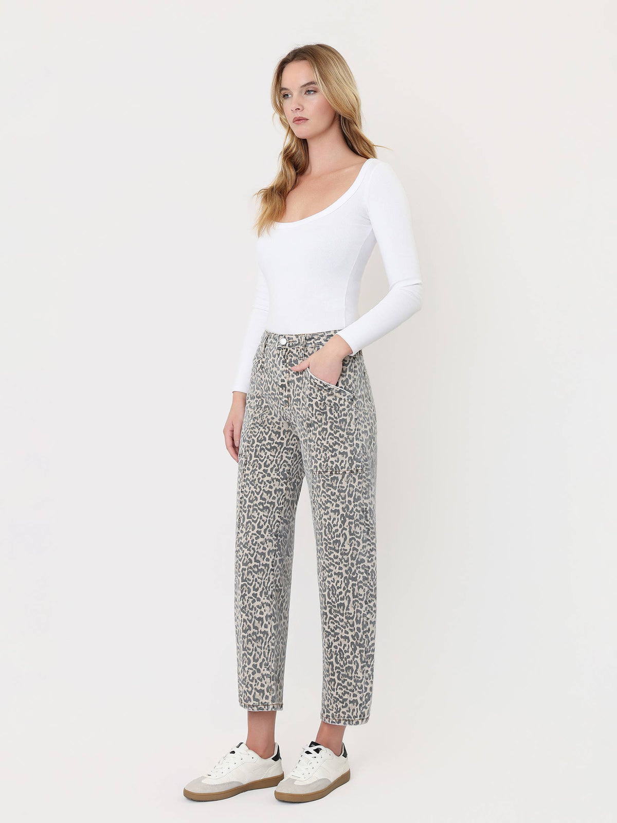 High Rise Leopard Utility Barrel Jeans