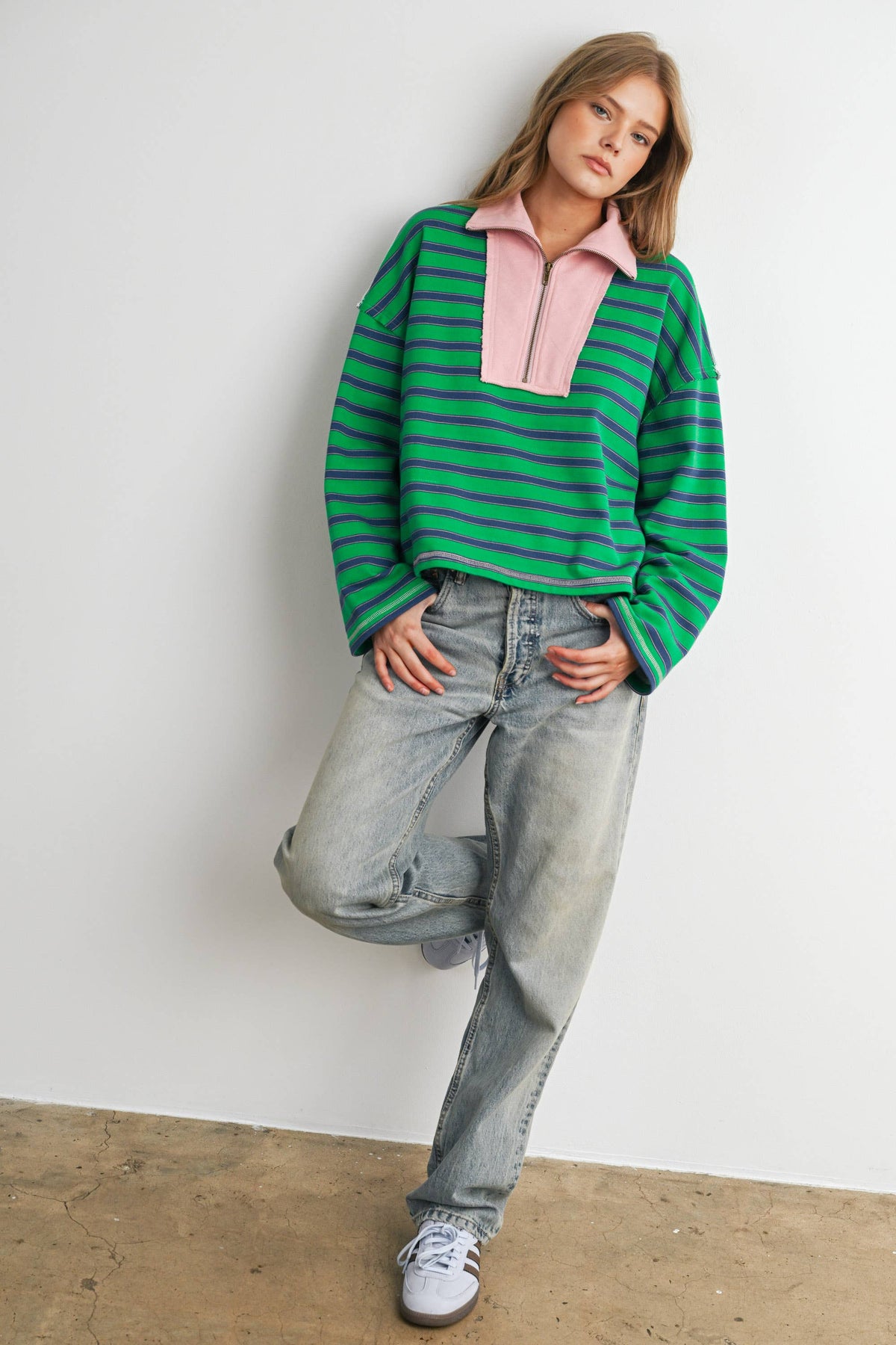Striped Half Zip Contrast Collar Sweatshirt