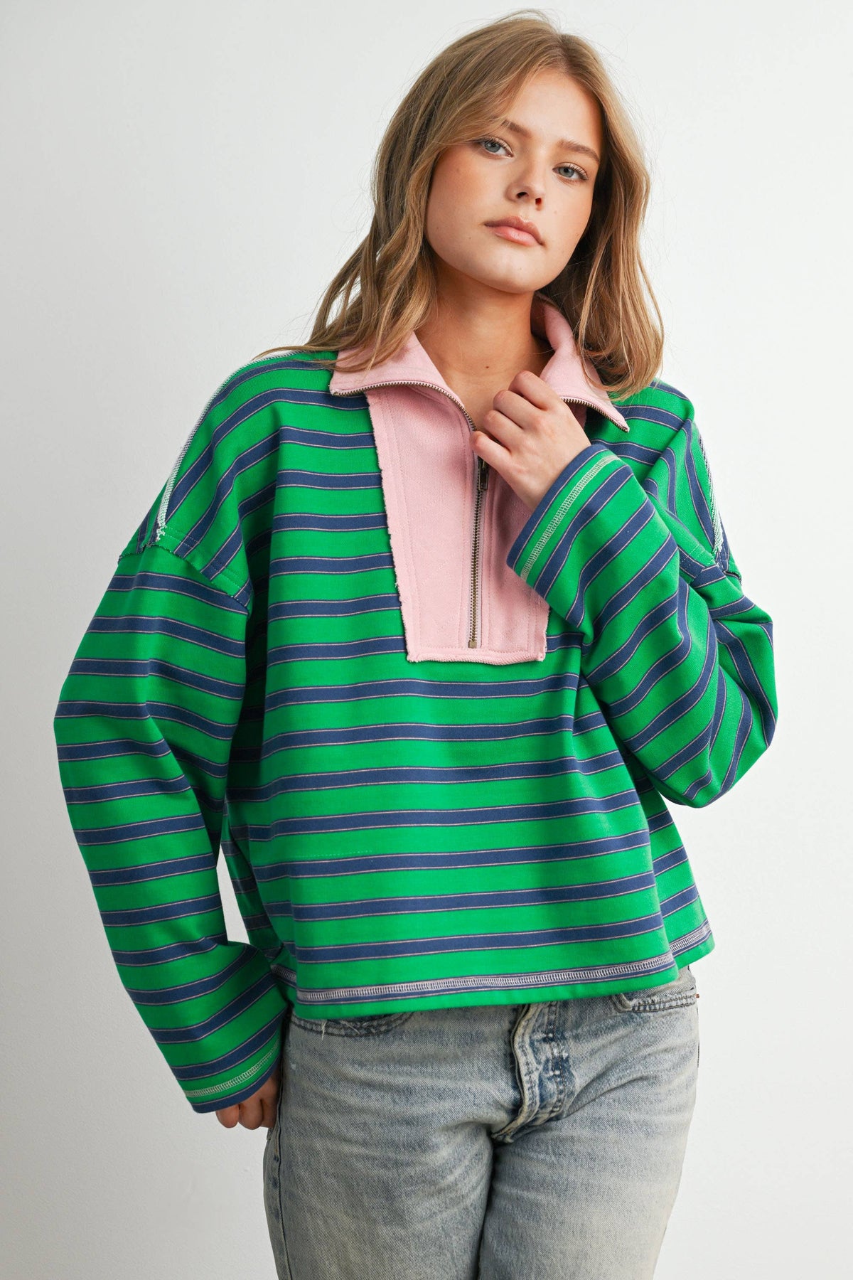 Striped Half Zip Contrast Collar Sweatshirt