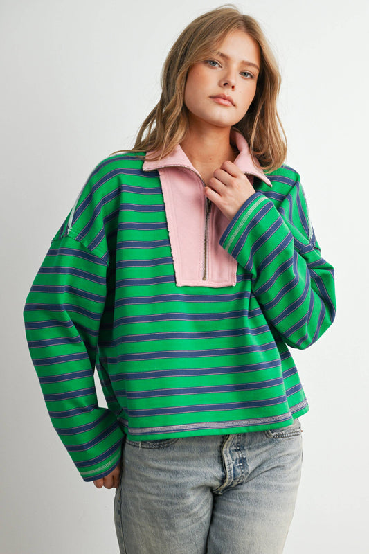 Striped Half Zip Contrast Collar Sweatshirt