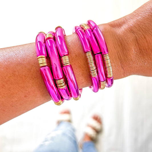 Acrylic Metallic Solid Hot Pink Tube Bamboo Bracelet