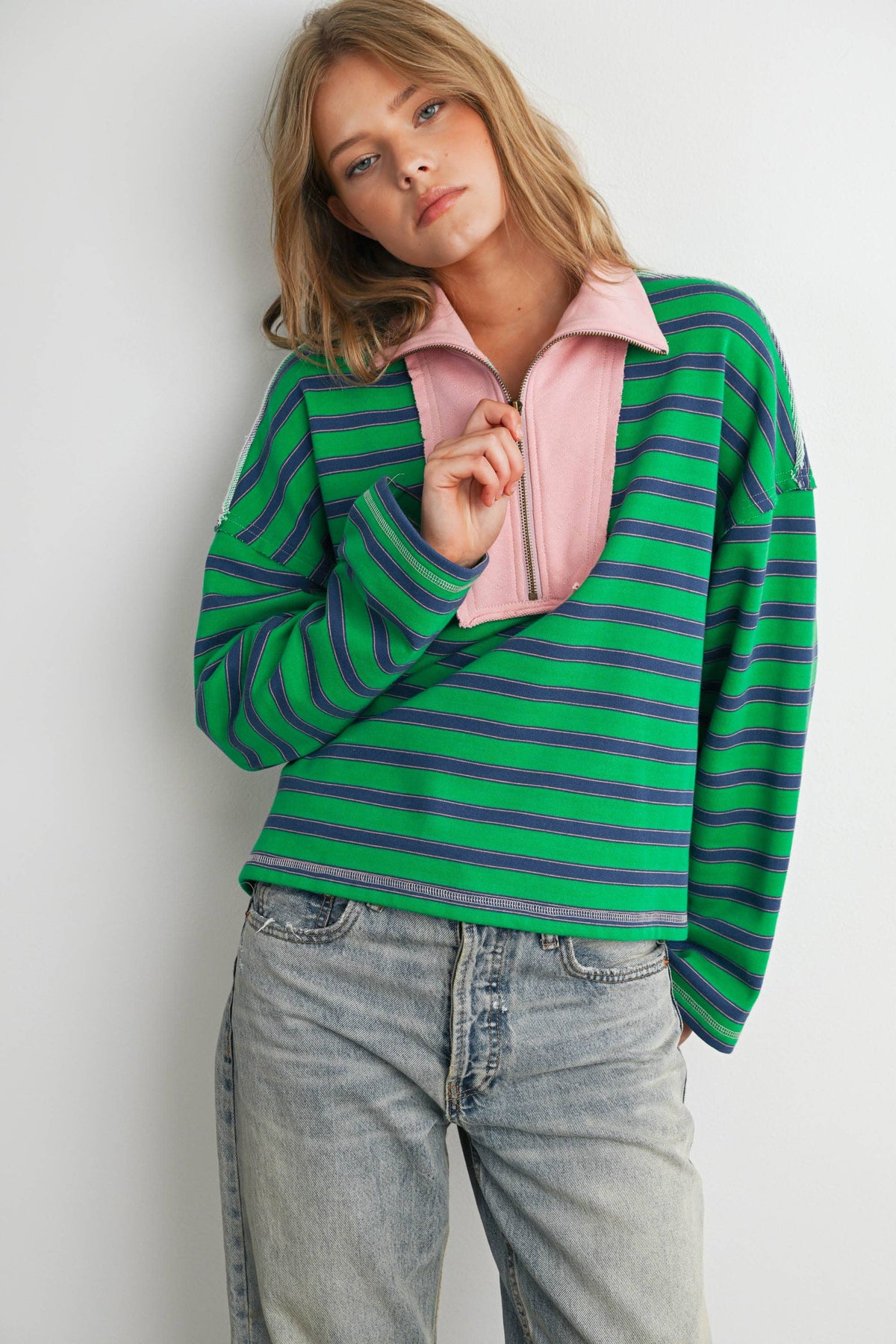Striped Half Zip Contrast Collar Sweatshirt