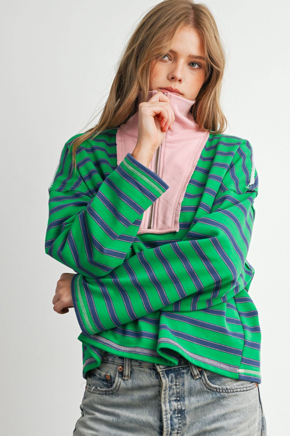 Striped Half Zip Contrast Collar Sweatshirt