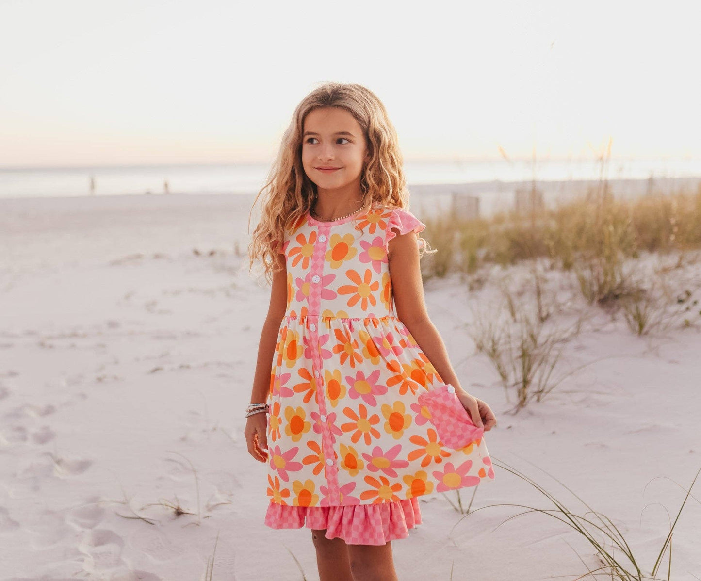 Girls Pink & Tangerine Retro Flower Check Pocket Dress