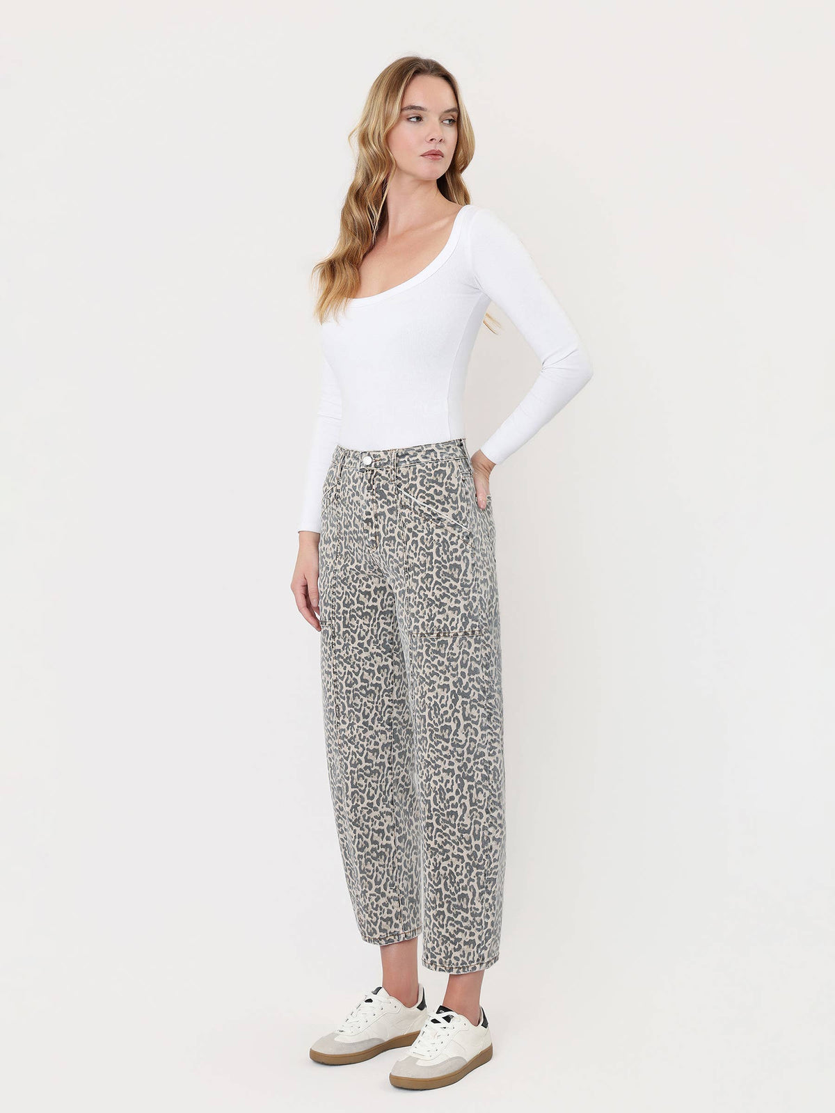 High Rise Leopard Utility Barrel Jeans