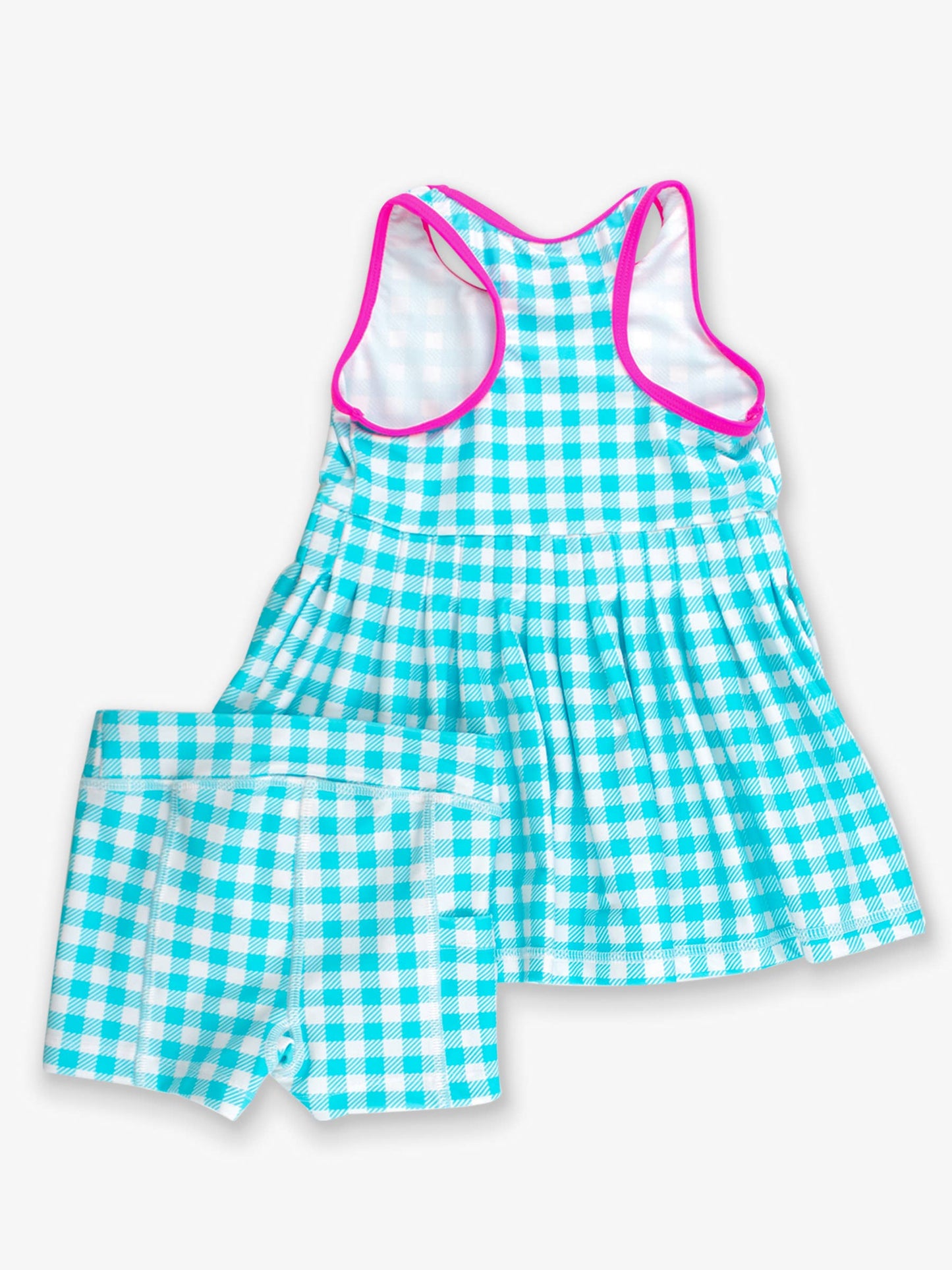 Girls Bright Aqua Gingham Pleated Skirt Active Dress & Bike Short Set