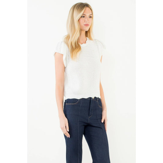 Scallop Hem Crochet Knit Cap Sleeve Top