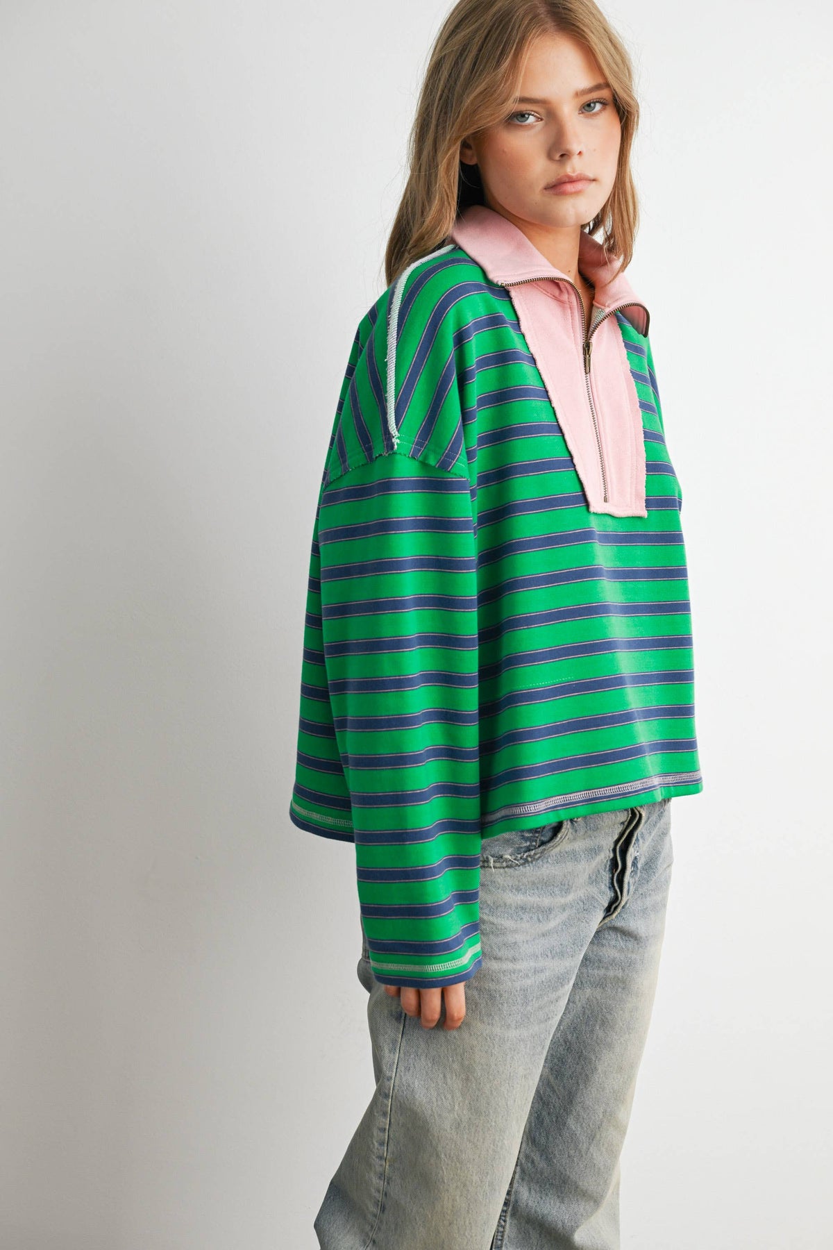 Striped Half Zip Contrast Collar Sweatshirt