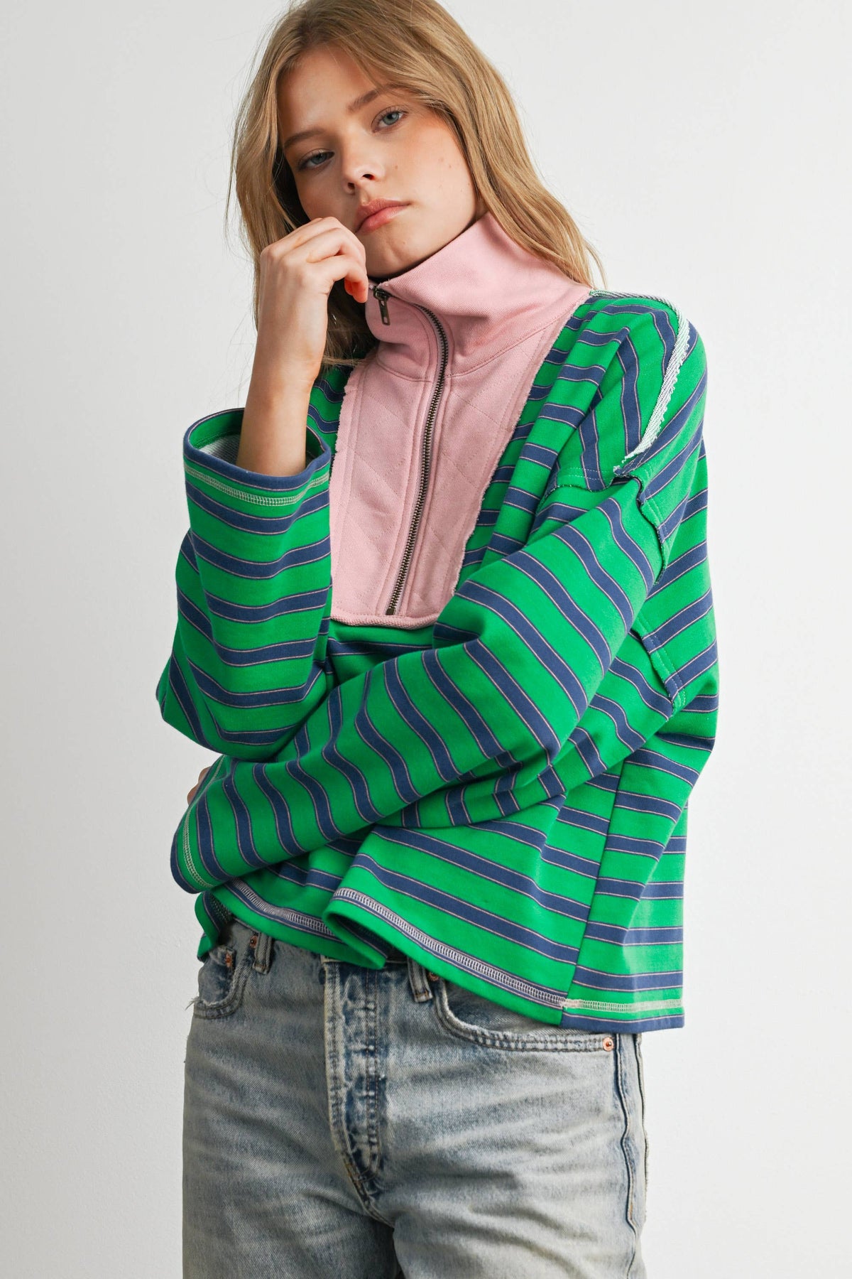 Striped Half Zip Contrast Collar Sweatshirt