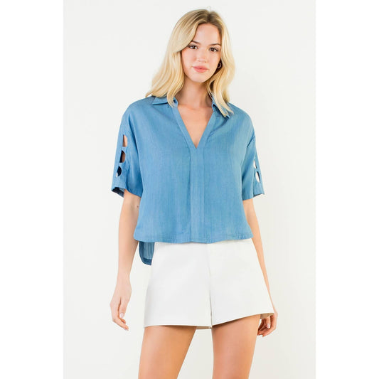 Short Sleeve Cutout Denim Top