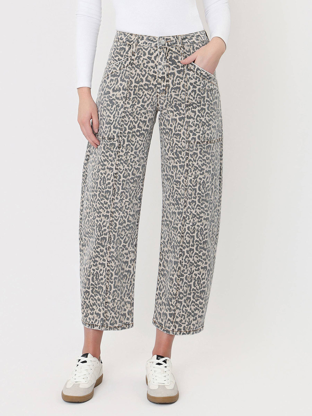 High Rise Leopard Utility Barrel Jeans